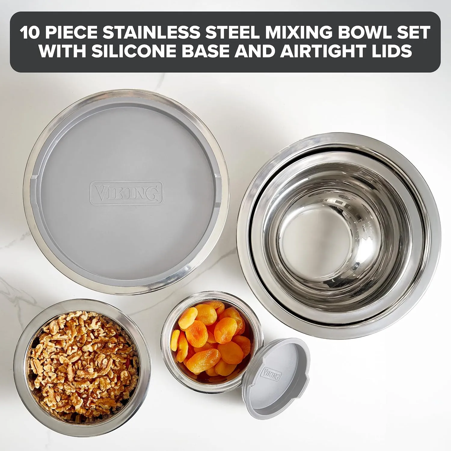 Viking Mixing Bowls Set, 10 Piece Stainless Steel Kitchen Cookware, Non-Slip Silicone Base, Includes Airtight Lids, Dishwasher Safe, Grey