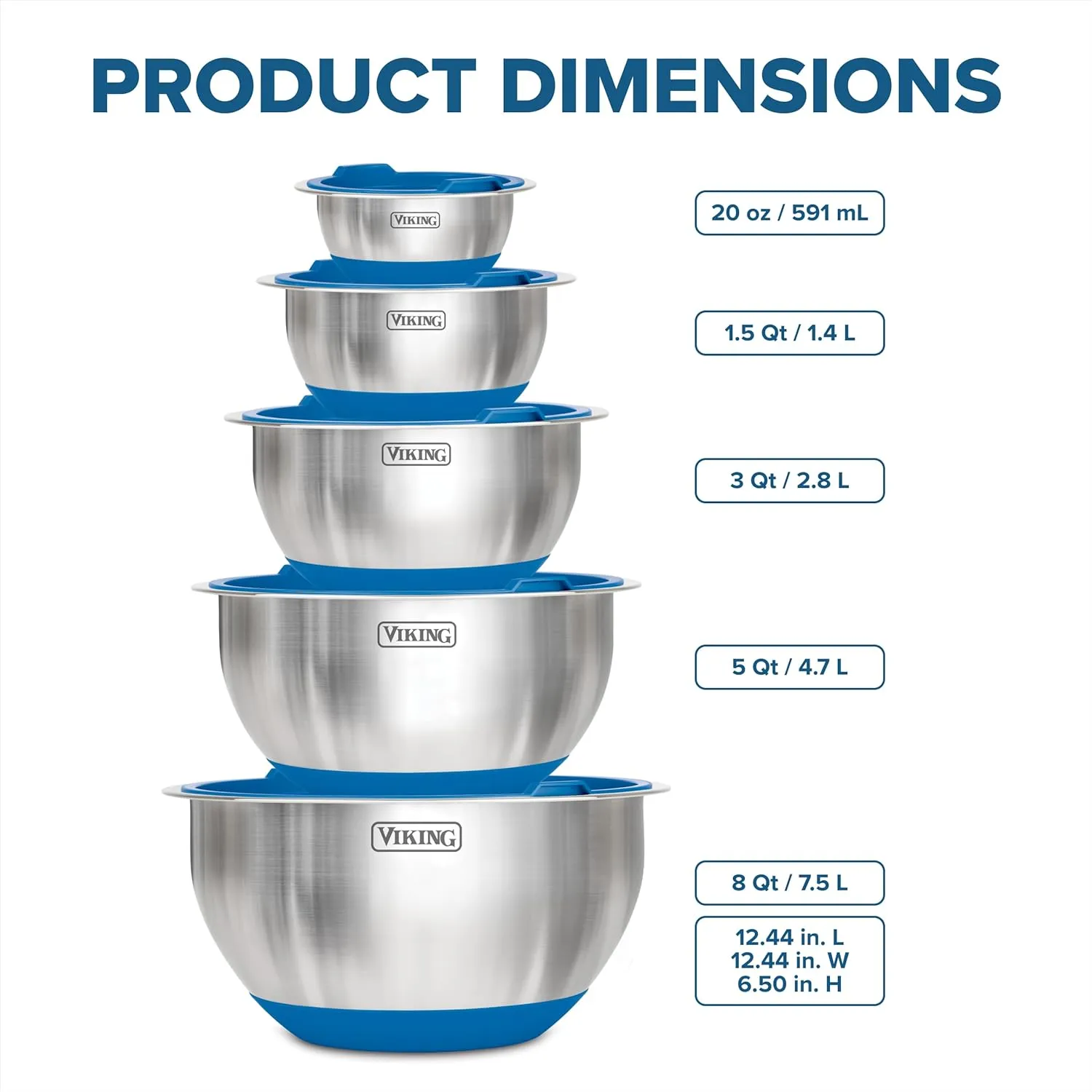 Viking Mixing Bowls Set, 10 Piece Stainless Steel Kitchen Cookware, Non-Slip Silicone Base, Includes Airtight Lids, Dishwasher Safe, Teal