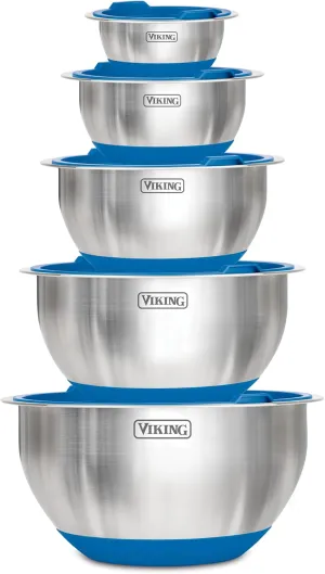 Viking Mixing Bowls Set, 10 Piece Stainless Steel Kitchen Cookware, Non-Slip Silicone Base, Includes Airtight Lids, Dishwasher Safe, Teal