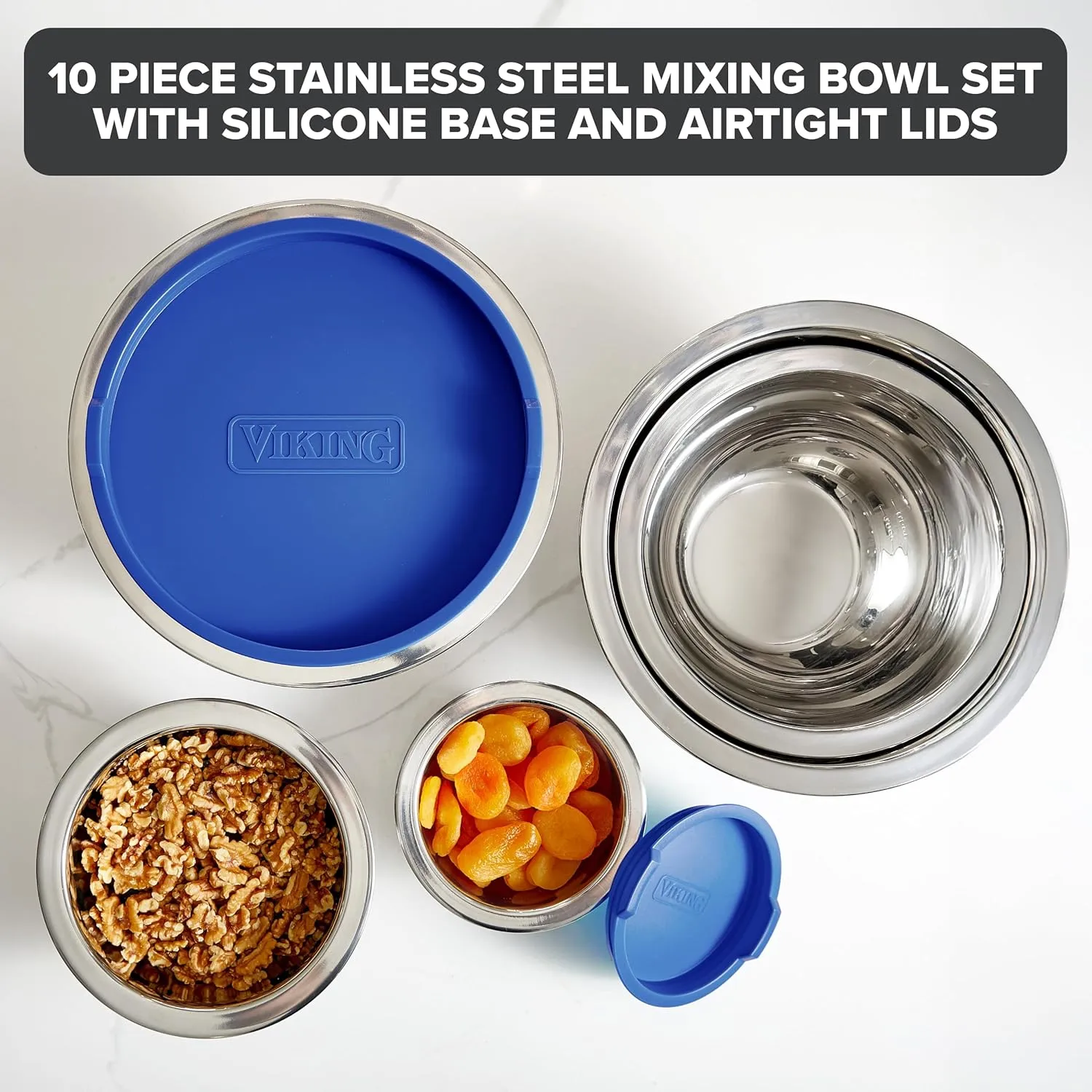 Viking Mixing Bowls Set, 10 Piece Stainless Steel Kitchen Cookware, Non-Slip Silicone Base, Includes Airtight Lids, Dishwasher Safe, Teal