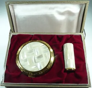 Vintage Compact And Lipstick Case Mother Of Pearl 1950s Unused Pearl Wedding Gift Set