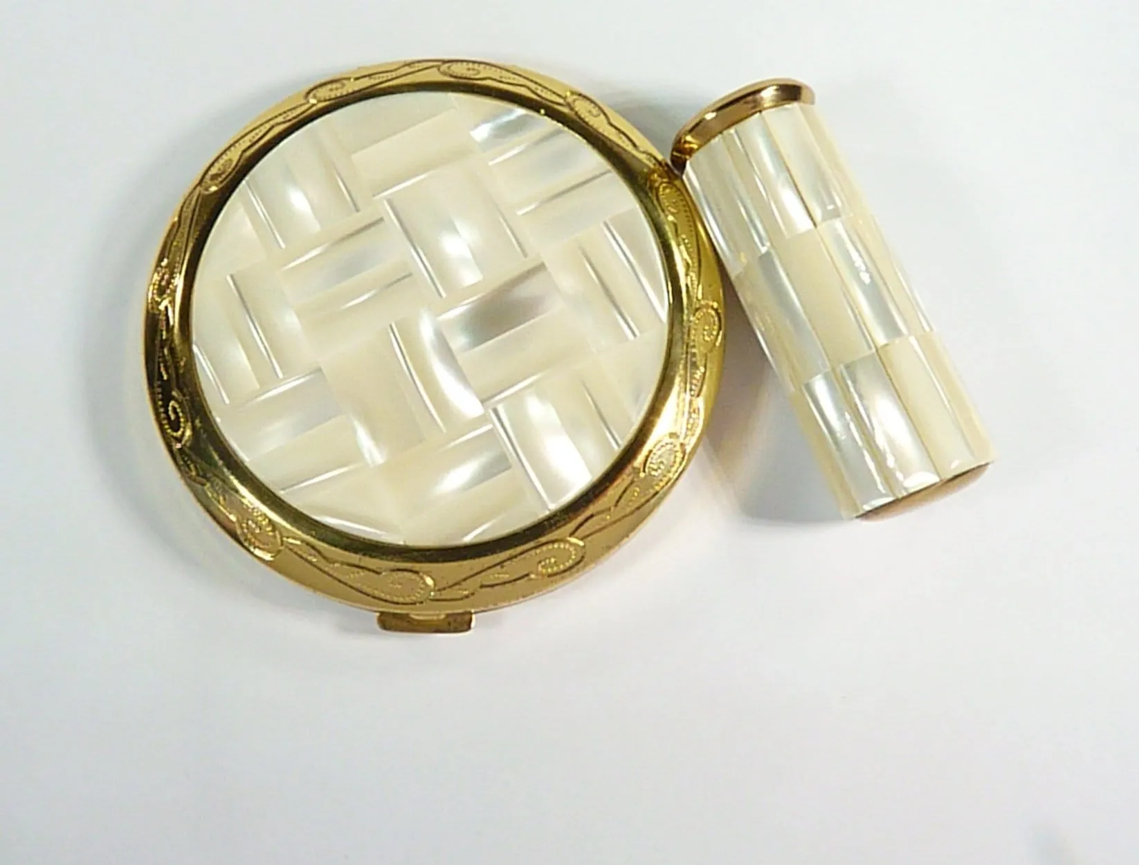Vintage Compact And Lipstick Case Mother Of Pearl 1950s Unused Pearl Wedding Gift Set