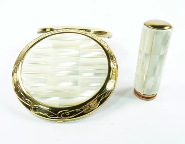 Vintage Compact And Lipstick Case Mother Of Pearl 1950s Unused Pearl Wedding Gift Set
