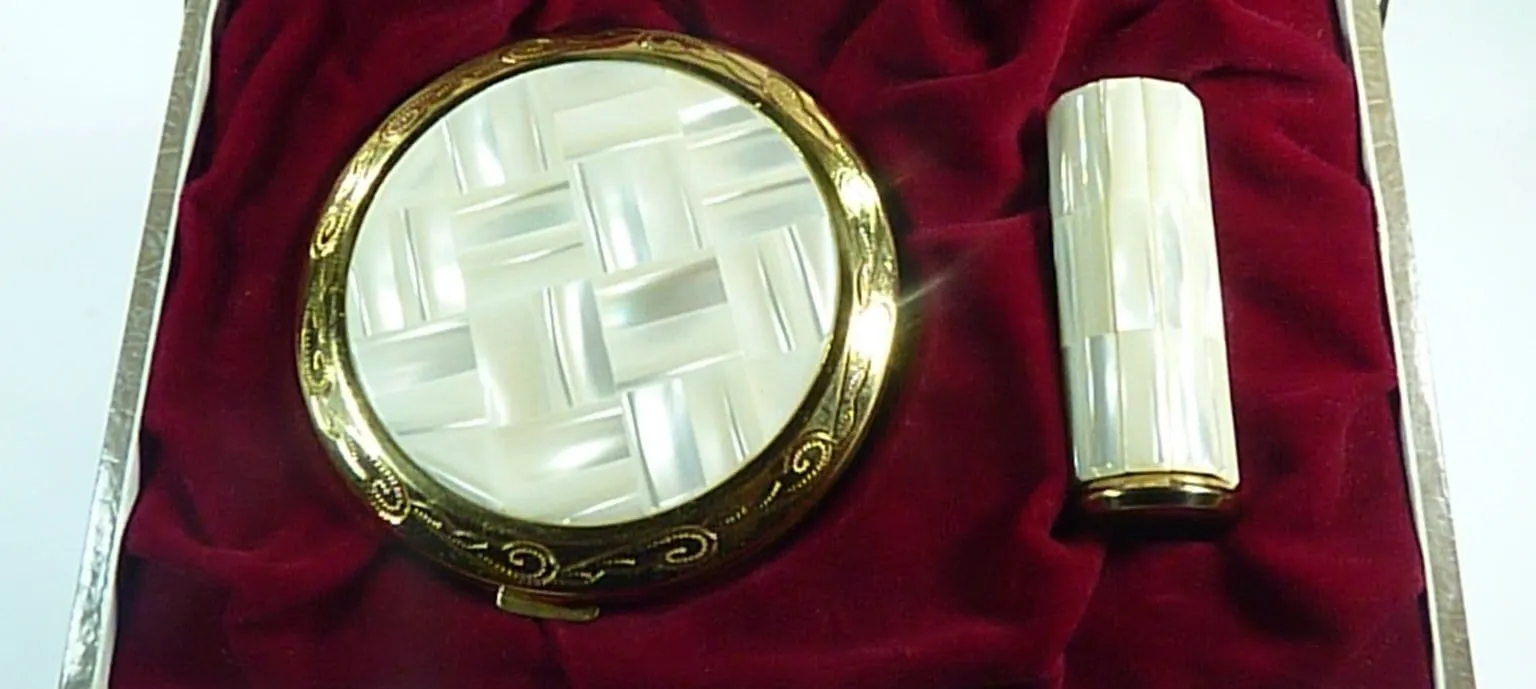 Vintage Compact And Lipstick Case Mother Of Pearl 1950s Unused Pearl Wedding Gift Set