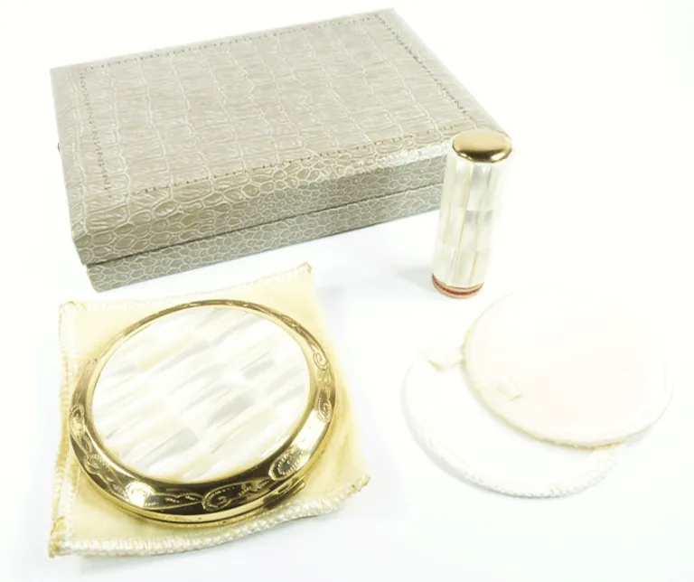 Vintage Compact And Lipstick Case Mother Of Pearl 1950s Unused Pearl Wedding Gift Set