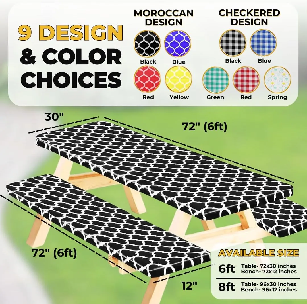 Vinyl Fitted Picnic Table Cover with Bench Covers and Bag, 6ft Outdoor Waterproof Windproof Picnic Tablecloth with Elastic Edges. Camping RV Gear Must Have 72x30 Inches 3 Pcs Set (Black Moroccan)