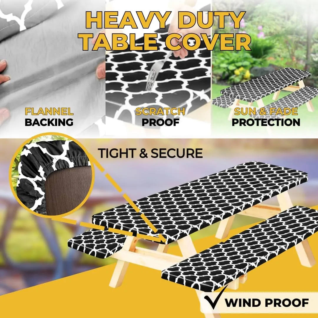 Vinyl Fitted Picnic Table Cover with Bench Covers and Bag, 6ft Outdoor Waterproof Windproof Picnic Tablecloth with Elastic Edges. Camping RV Gear Must Have 72x30 Inches 3 Pcs Set (Black Moroccan)