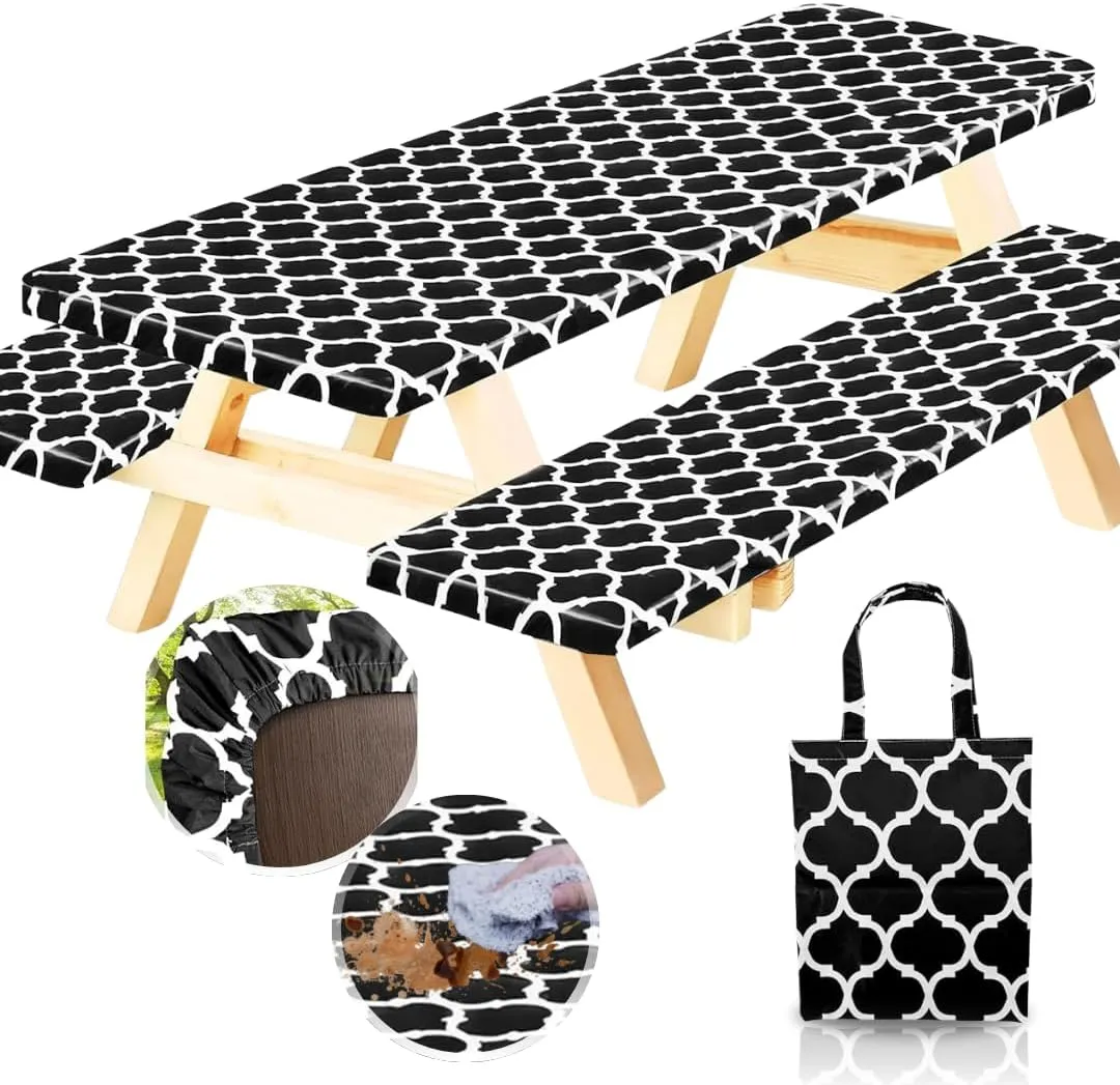 Vinyl Fitted Picnic Table Cover with Bench Covers and Bag, 6ft Outdoor Waterproof Windproof Picnic Tablecloth with Elastic Edges. Camping RV Gear Must Have 72x30 Inches 3 Pcs Set (Black Moroccan)