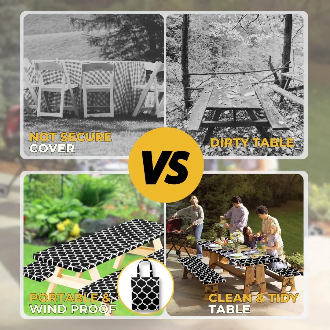 Vinyl Fitted Picnic Table Cover with Bench Covers and Bag, 6ft Outdoor Waterproof Windproof Picnic Tablecloth with Elastic Edges. Camping RV Gear Must Have 72x30 Inches 3 Pcs Set (Black Moroccan)