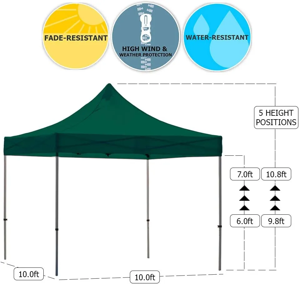 Vispronet 10x10 Pop Up Canopy Tent and 4 Side Walls – Commercial Grade Steel Frame with Water-Resistant Canopy Top and Sidewalls – Wheeled Canopy Bag and Stake Kit Included (Green)