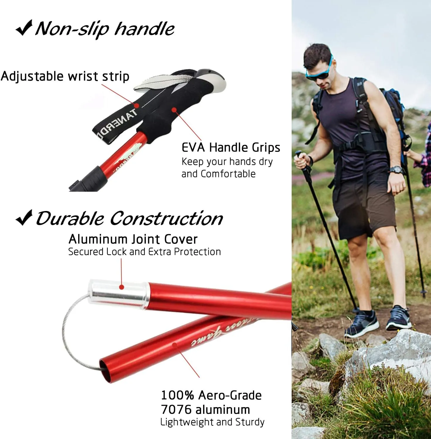 Walking Stick Trekking Poles Collapsible Hiking Poles - Auminum Alloy 7075 Trekking Sticks,Antishock and Quick Lock System, Telescopic, Collapsible, Ultralight