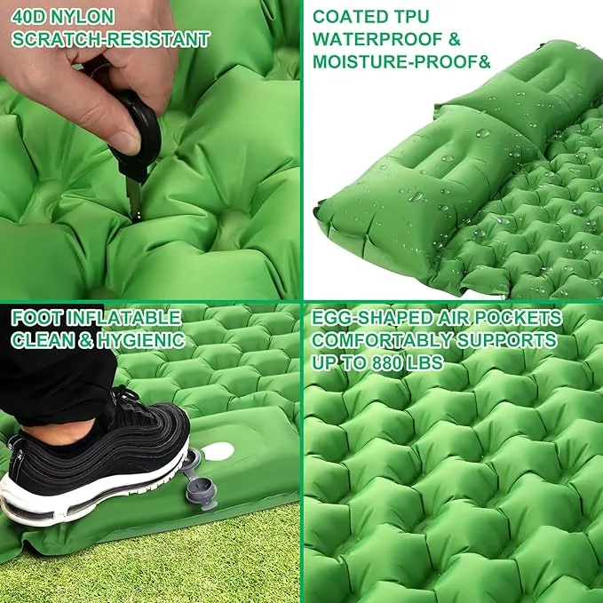 WANNTS Double Sleeping Pad, Ultralight Inflatable Sleeping Pad for Camping, Built-in Pump, Ultimate for Camping, Hiking - Airpad, Carry Bag, Repair Kit - Compact & Lightweight Air Mattress(Green)