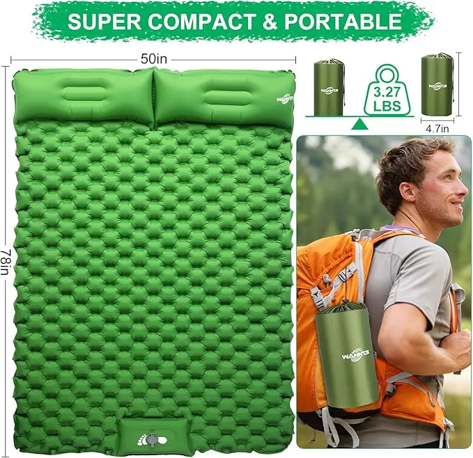 WANNTS Double Sleeping Pad, Ultralight Inflatable Sleeping Pad for Camping, Built-in Pump, Ultimate for Camping, Hiking - Airpad, Carry Bag, Repair Kit - Compact & Lightweight Air Mattress(Green)