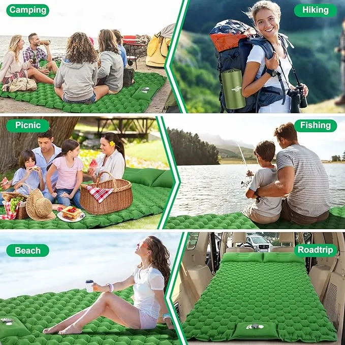 WANNTS Double Sleeping Pad, Ultralight Inflatable Sleeping Pad for Camping, Built-in Pump, Ultimate for Camping, Hiking - Airpad, Carry Bag, Repair Kit - Compact & Lightweight Air Mattress(Green)