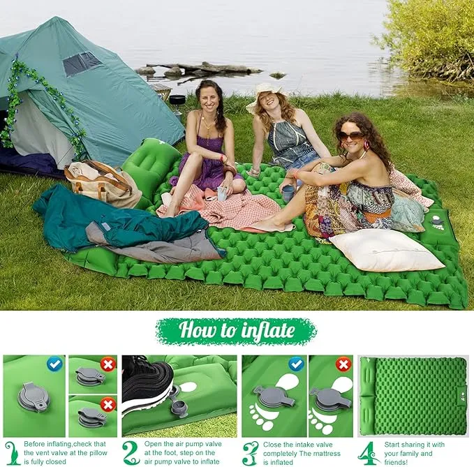 WANNTS Double Sleeping Pad, Ultralight Inflatable Sleeping Pad for Camping, Built-in Pump, Ultimate for Camping, Hiking - Airpad, Carry Bag, Repair Kit - Compact & Lightweight Air Mattress(Green)