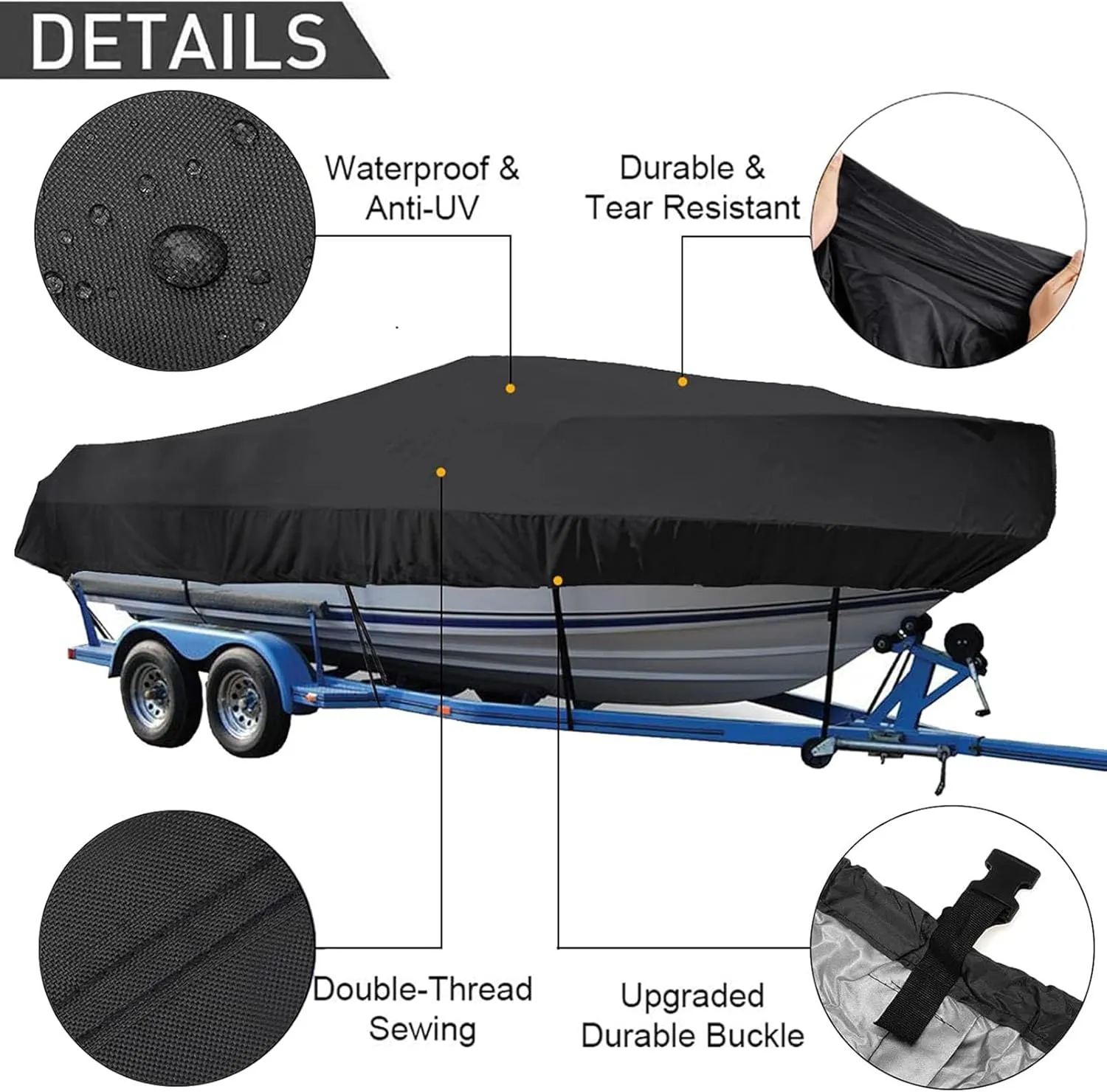 Waterproof Heavy Duty Boat Cover, 210D Marine Grade Oxford Cloth All-Weather Mooring and Trailering Boat Cover Fits V-Hull, Tri-Hull, Runabout Boat, Bass Boat