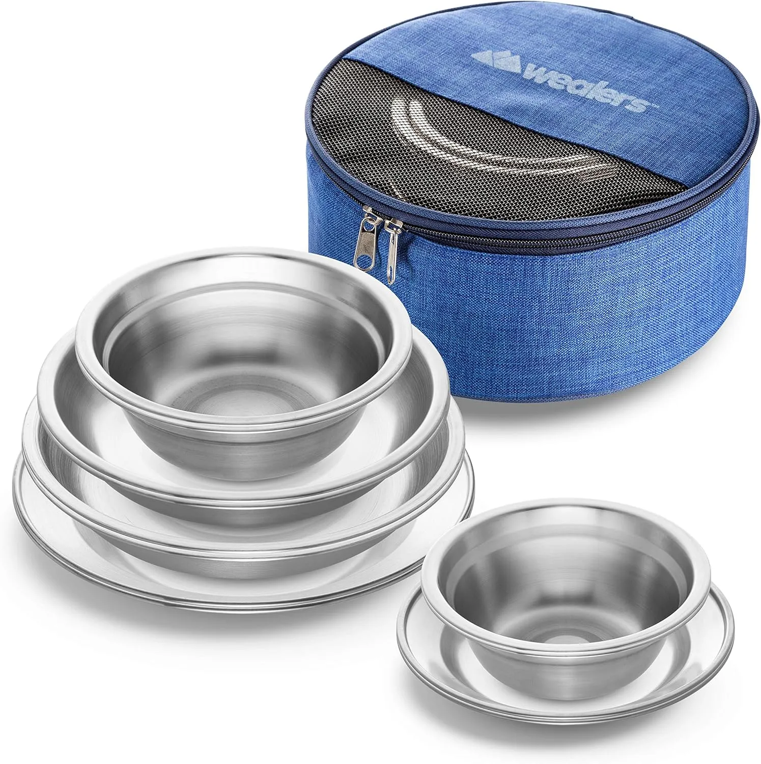 Wealers Stainless Steel Plates and Bowls Camping Set Small and Large Dinnerware for Kids, Adults, Family | Camping, Hiking, Beach, Outdoor Use | Incl. Travel Bag (12 Piece Set)