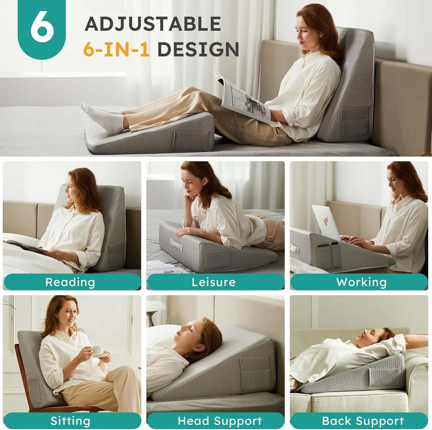 Wedge Pillow for Sleeping, 10 inch Elevated Support Bed Wedge Pillow, Breathable Triangle Pillow Wedge with Cooling Memory Foam Top - Removable Washable Cover, Grey