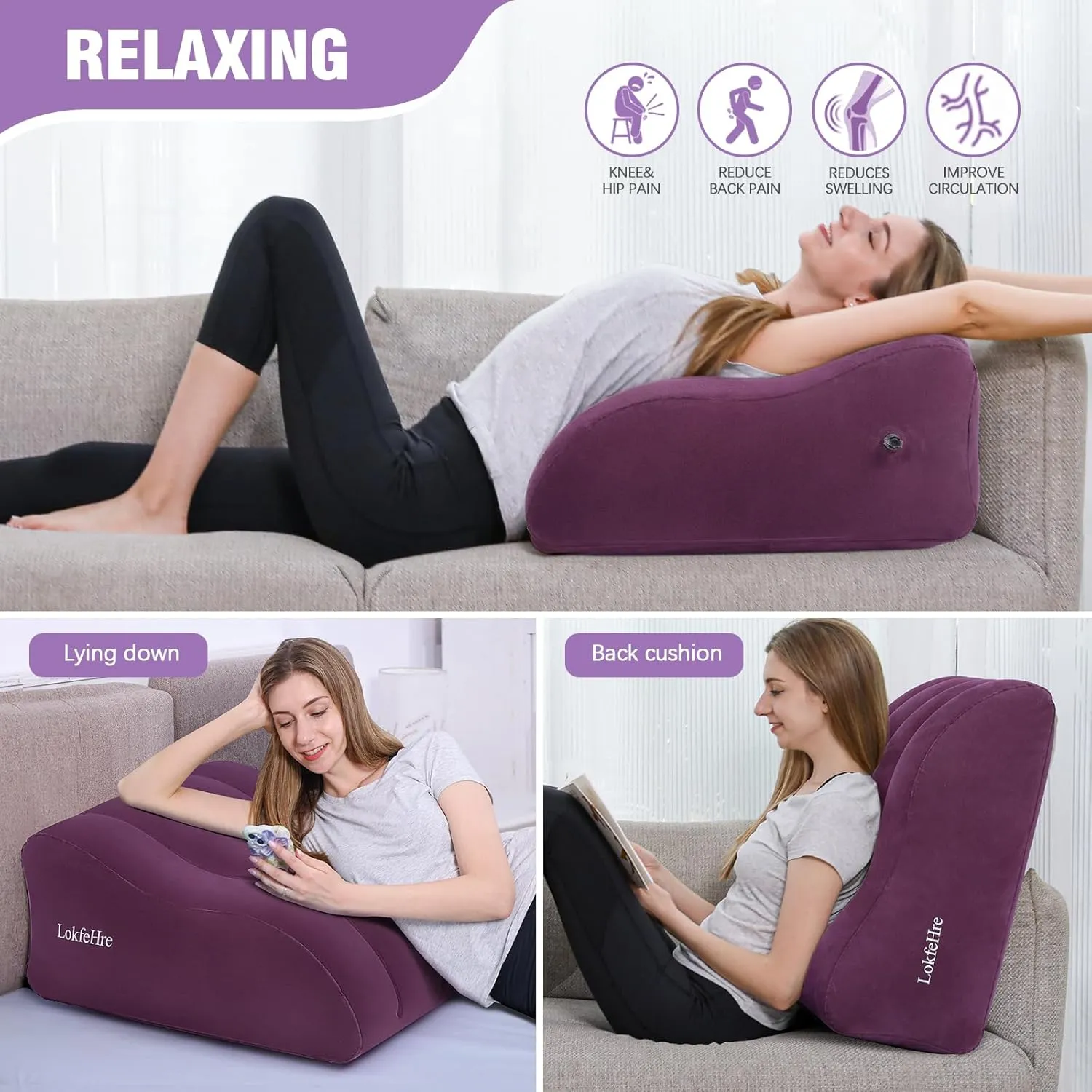 Wedge Pillow for Sleeping - Inflatable Leg Elevation Pillow for Swelling,Circulation,Leg & Back Pain Relief,Leg Support Polyvinyl Chloride Pillow for After Aurgery,Hip (Purple, Large)