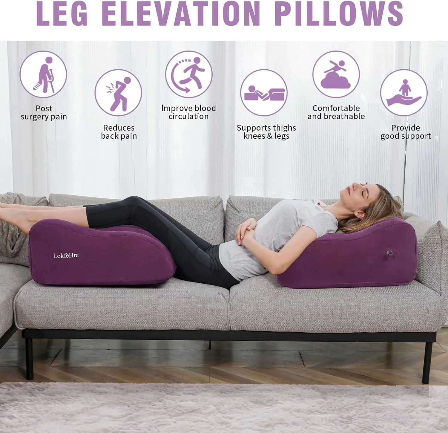 Wedge Pillow for Sleeping - Inflatable Leg Elevation Pillow for Swelling,Circulation,Leg & Back Pain Relief,Leg Support Polyvinyl Chloride Pillow for After Aurgery,Hip (Purple, Large)