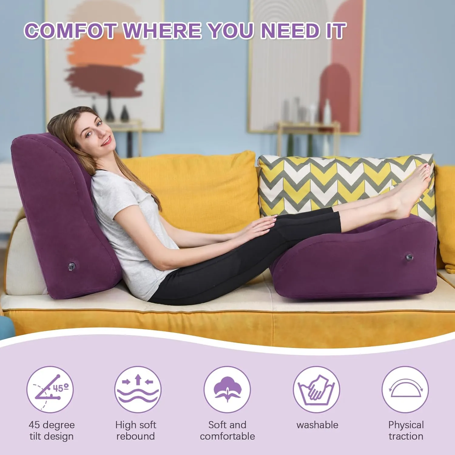 Wedge Pillow for Sleeping - Inflatable Leg Elevation Pillow for Swelling,Circulation,Leg & Back Pain Relief,Leg Support Polyvinyl Chloride Pillow for After Aurgery,Hip (Purple, Large)