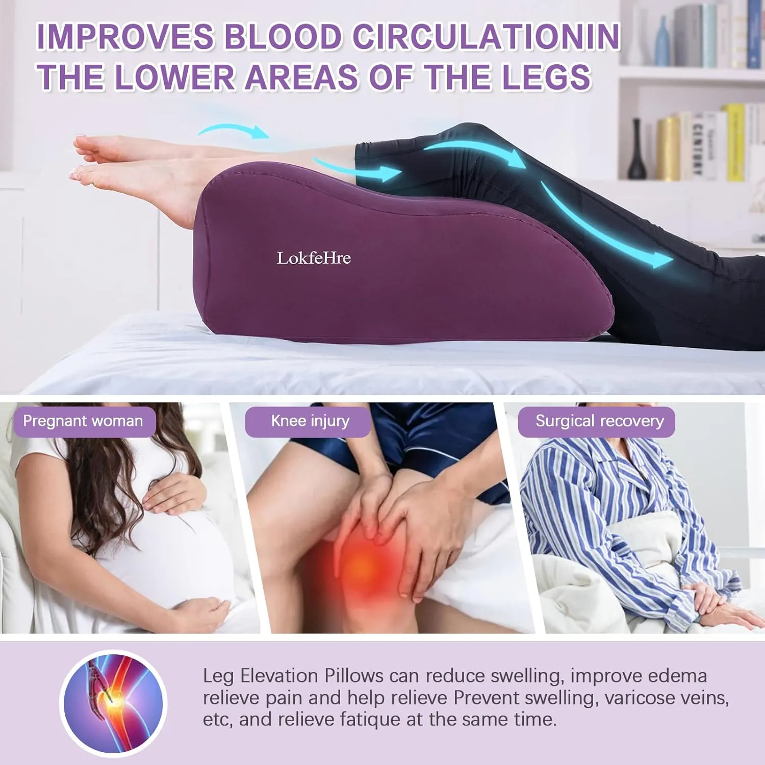 Wedge Pillow for Sleeping - Inflatable Leg Elevation Pillow for Swelling,Circulation,Leg & Back Pain Relief,Leg Support Polyvinyl Chloride Pillow for After Aurgery,Hip (Purple, Large)