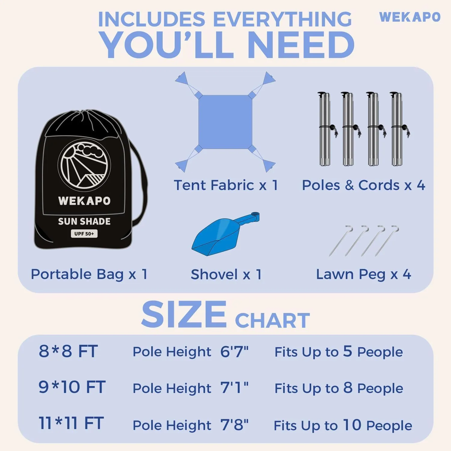 WEKAPO Beach Tent Sun Shelter - Easy Setup Beach Canopy with 4 Sturdy Poles, Large Sandbags and Shovel, 7'1'' Tall, Windproof Sun Shade for Backyard and Camping, UPF 50  Protection