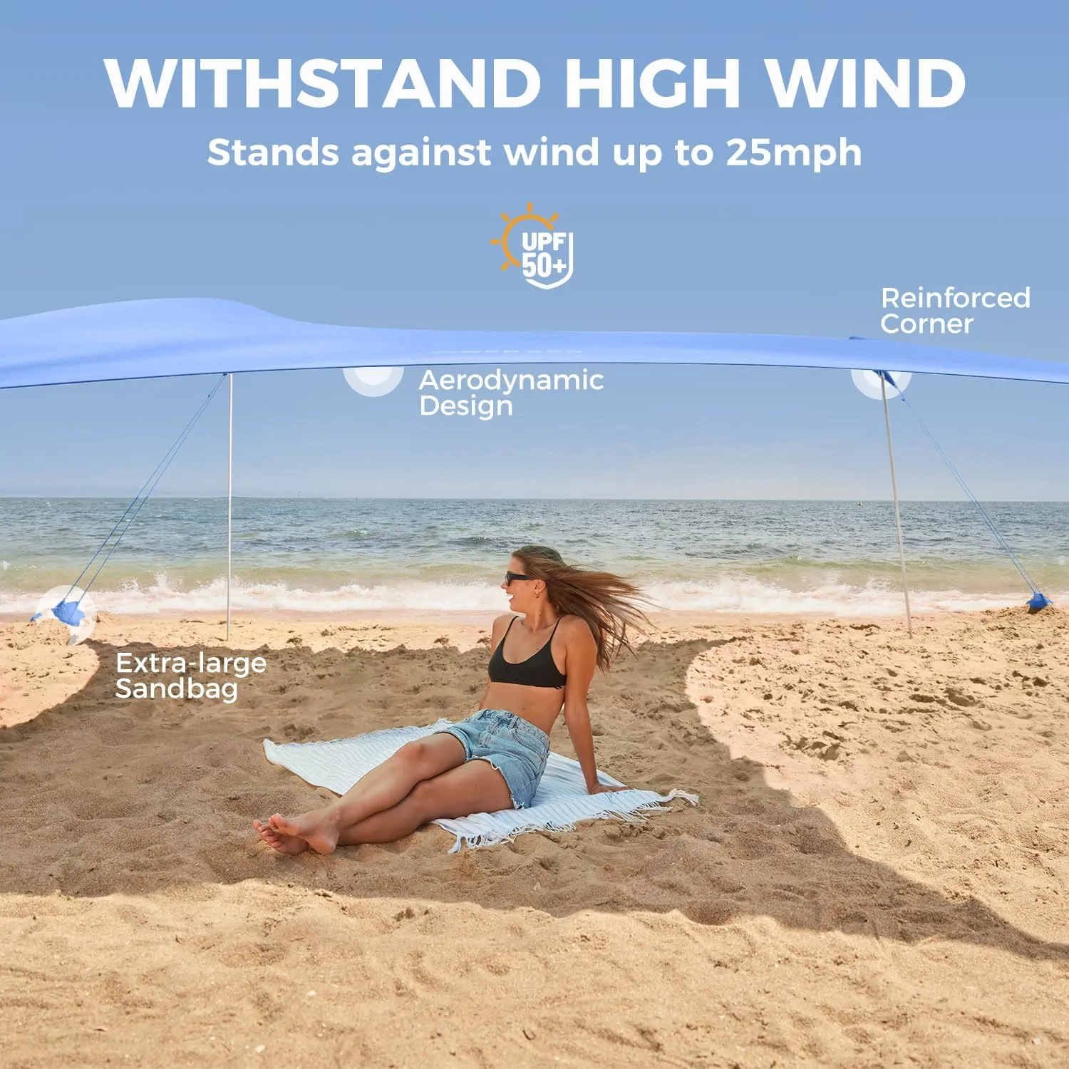 WEKAPO Beach Tent Sun Shelter - Easy Setup Beach Canopy with 4 Sturdy Poles, Large Sandbags and Shovel, 7'1'' Tall, Windproof Sun Shade for Backyard and Camping, UPF 50  Protection