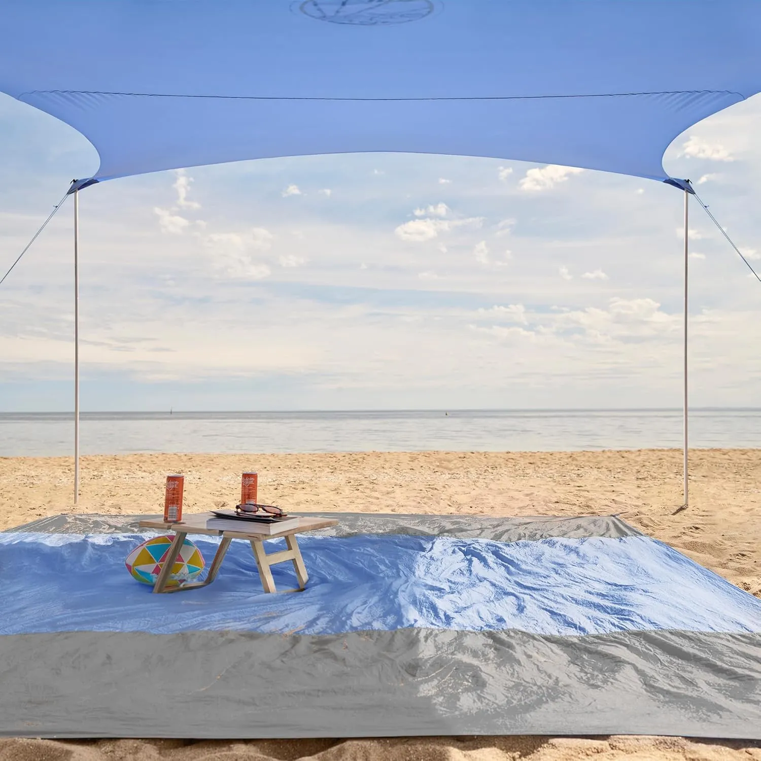 WEKAPO Beach Tent Sun Shelter - Easy Setup Beach Canopy with 4 Sturdy Poles, Large Sandbags and Shovel, 7'1'' Tall, Windproof Sun Shade for Backyard and Camping, UPF 50  Protection