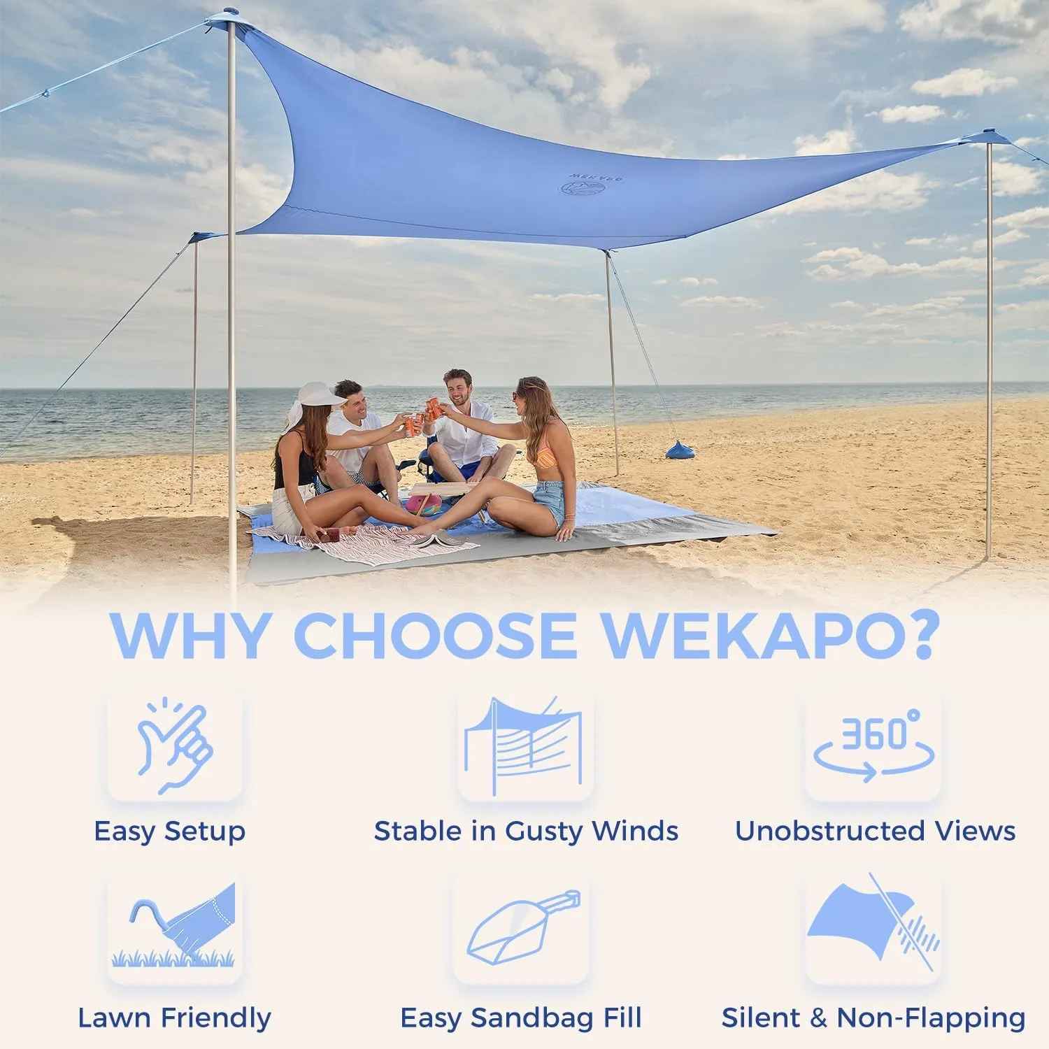 WEKAPO Beach Tent Sun Shelter - Easy Setup Beach Canopy with 4 Sturdy Poles, Large Sandbags and Shovel, 7'1'' Tall, Windproof Sun Shade for Backyard and Camping, UPF 50  Protection