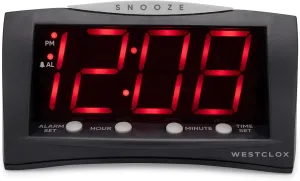 Westclox Digital Alarm Clock for Bedroom or Office, Large 1.8" Red LED Display with Oversized Snooze Bar, Corded with Battery Backup, (Black, 8-Inch)
