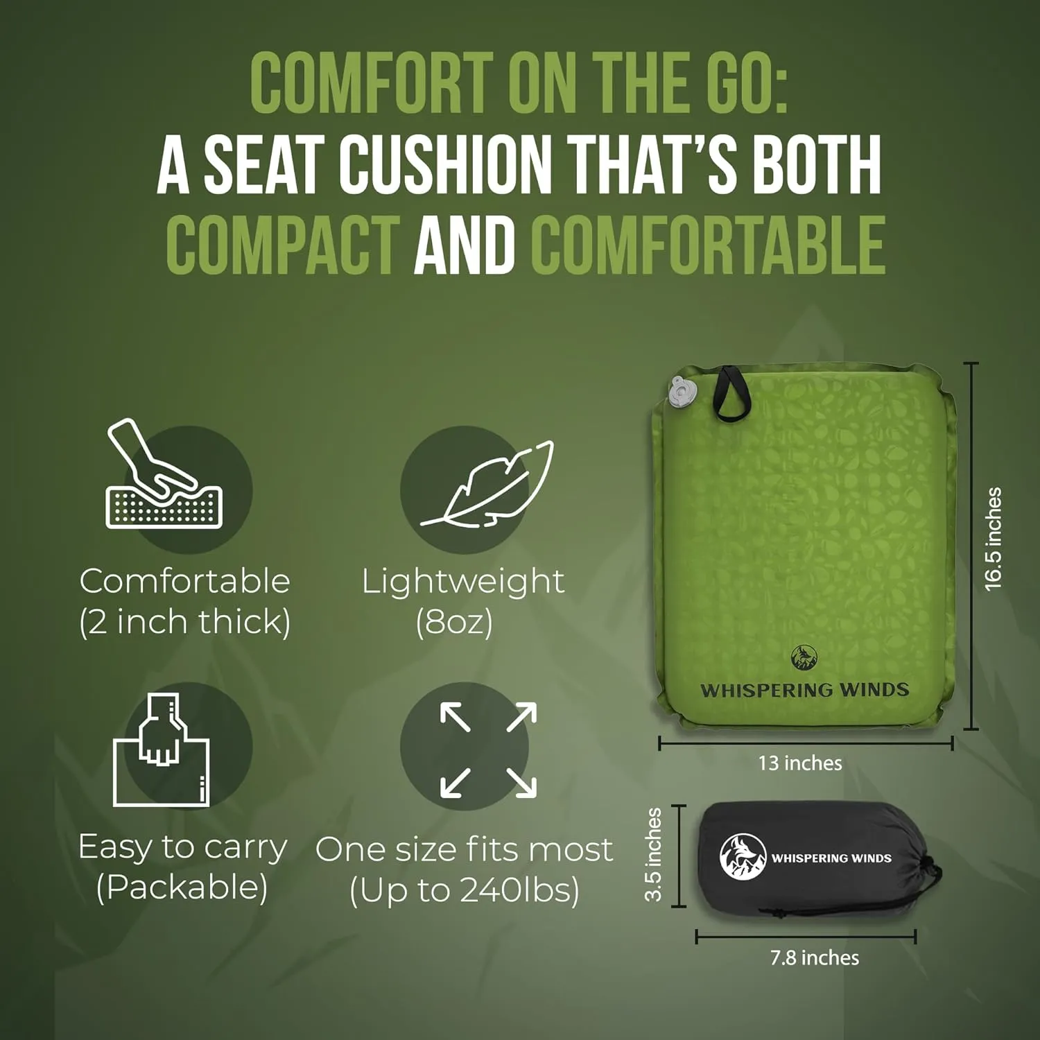 Whispering Winds Inflatable Seat Cushion - Comfortable Blow-up Foam Pad for Airplane, Travel, Stadium, Camping & Car