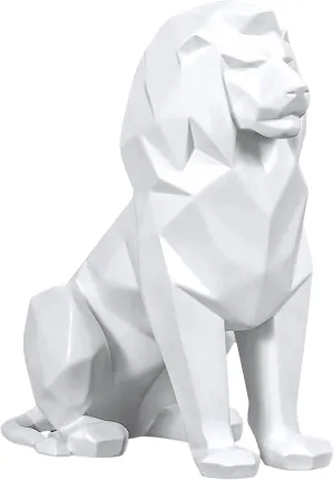 White Lion Sculpture - Abstract Geometric Animal Statue for Coffee Tables, Bookshelf Niches - Resin Lion Figurines Living Room and Home Decor Crafts Ornaments Best Gift Set, Size - 7.67 inch