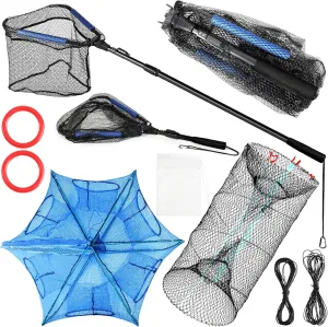 Windyun 3 Pcs Folded Fish Trap Includes Landing Net with Telescoping Pole Handle Cylindrical Hexagon Bait Bag Rope Bait Traps for Fishing Crab Crawfish Shrimp Lobster Accessories