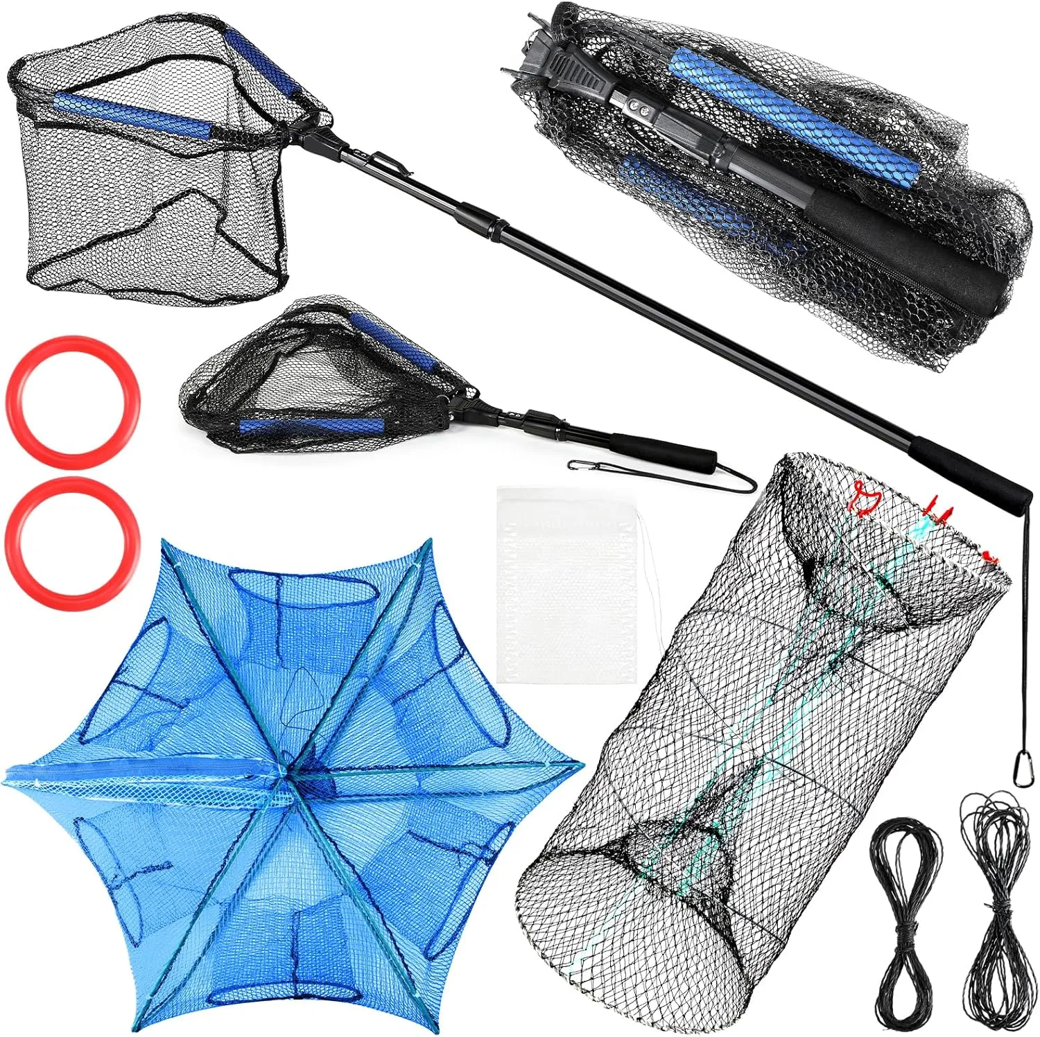 Windyun 3 Pcs Folded Fish Trap Includes Landing Net with Telescoping Pole Handle Cylindrical Hexagon Bait Bag Rope Bait Traps for Fishing Crab Crawfish Shrimp Lobster Accessories