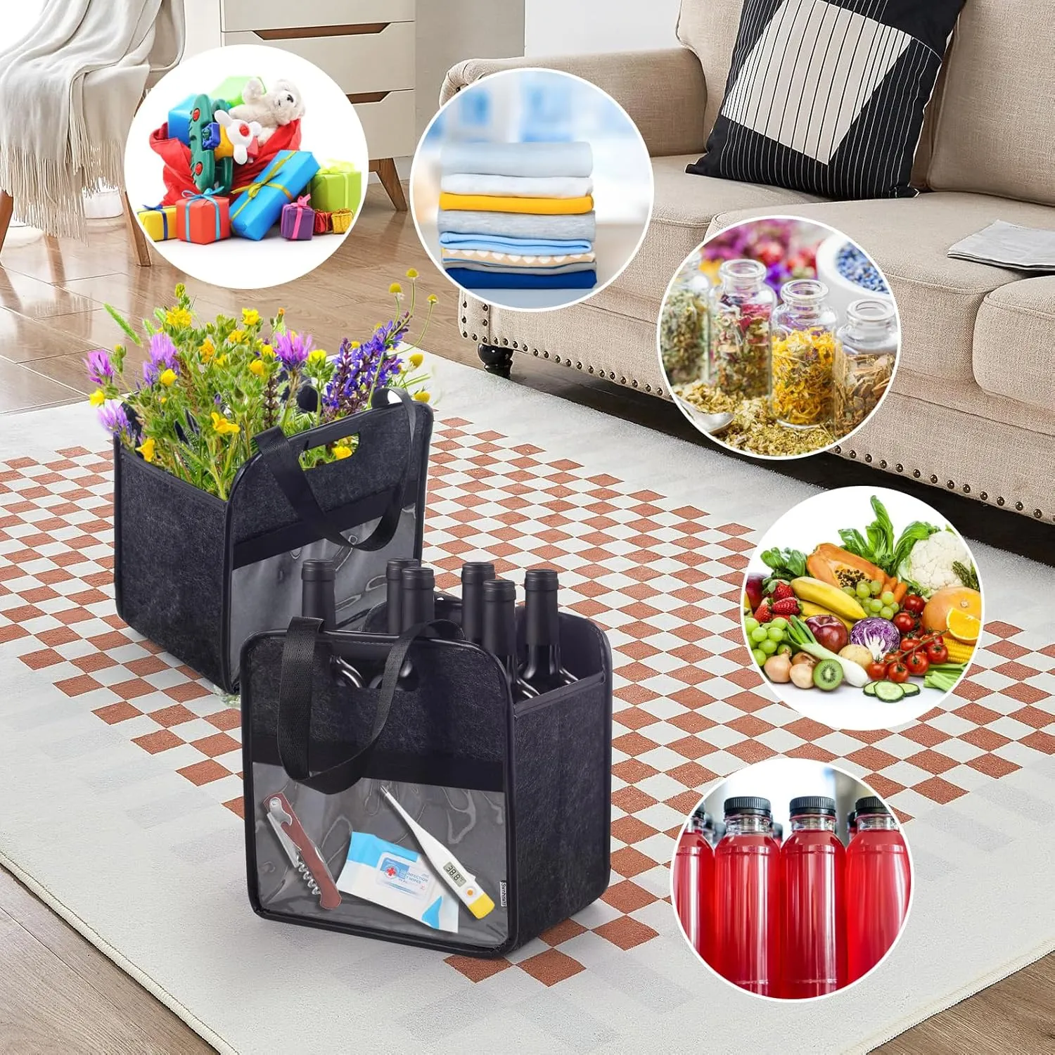 Wine Tote Bag, Reusable Wine Carrier Tote, Wine Bags for Wine Bottles Travel, Vacation Picnic Dinner Party, Camping and Picnic, Perfect Wine Lover Gift (Grey, 6 Bottle)