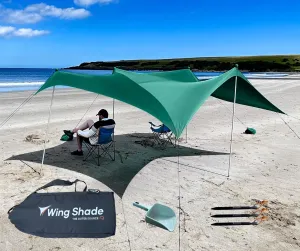 Wing Shade Beach Tent Sun Shelter - Large Portable 10x10 Pop Up Beach Canopy, Easy Setup on Grass or Sand with 4 Poles, 8 sandbags - for Outdoor Picnic, Beach Shade. Wind sail & Beach Umbrella