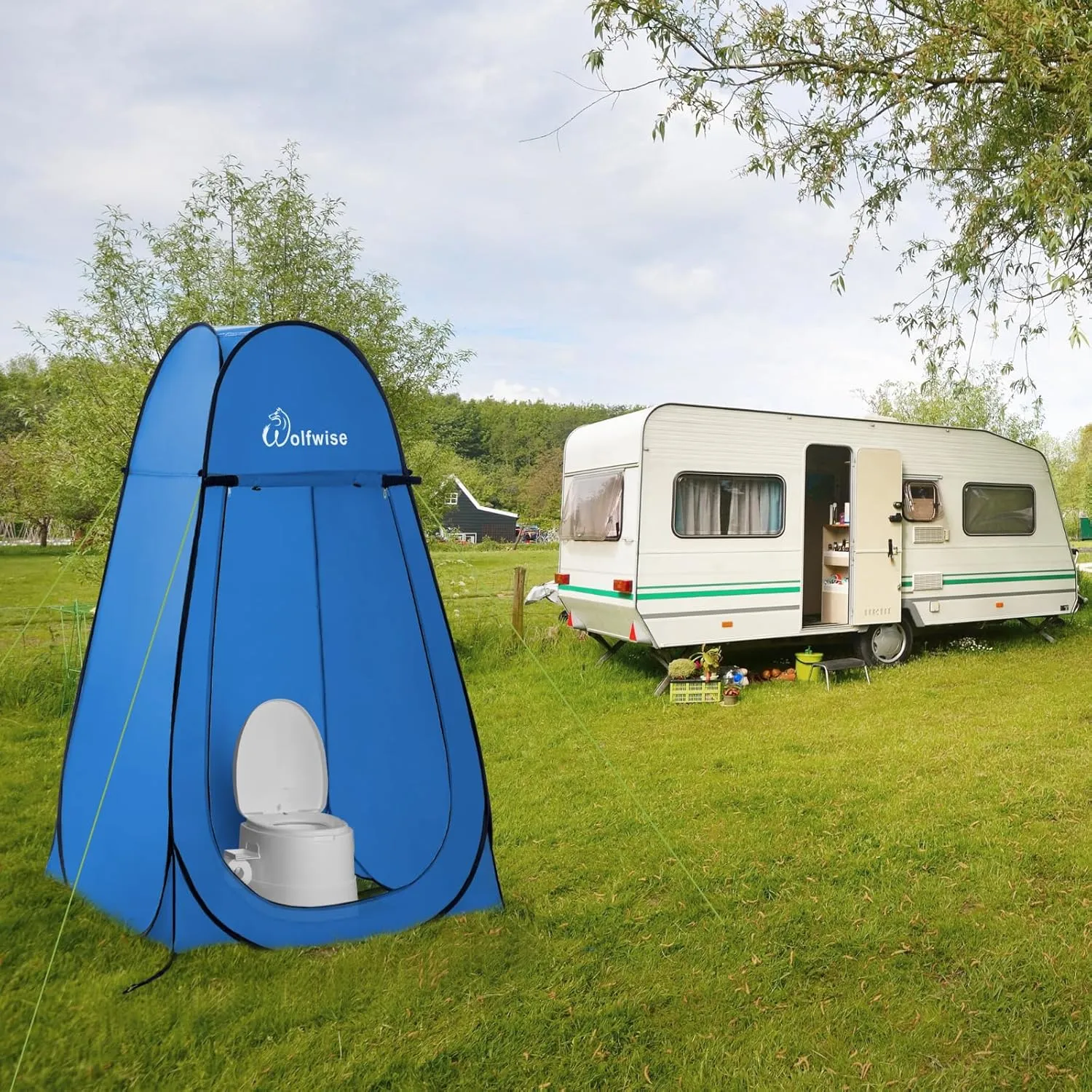 WolfWise Portable Pop Up Privacy Shower Tent, Spacious Changing Room, Dressing Room, Sun Sunshade Canopy Outdoor Rain Shelter, Backpack Privacy Shelters for Camping, Hiking, Beach, Toilet, Large Blue