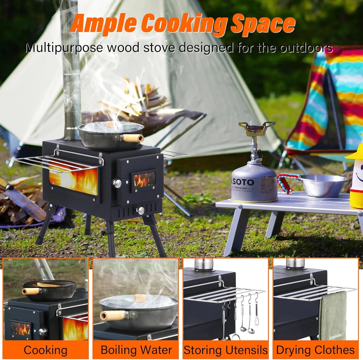 Wood Stove Hot Tent Stove, Camping Wood Stove Stainless Steel Camping Tent Stove, Portable Wood Burning Stove with Chimney Pipes & Gloves for Outdoor Cooking and Heating