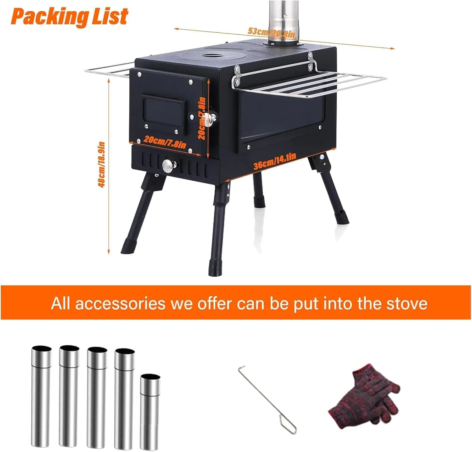 Wood Stove Hot Tent Stove, Camping Wood Stove Stainless Steel Camping Tent Stove, Portable Wood Burning Stove with Chimney Pipes & Gloves for Outdoor Cooking and Heating