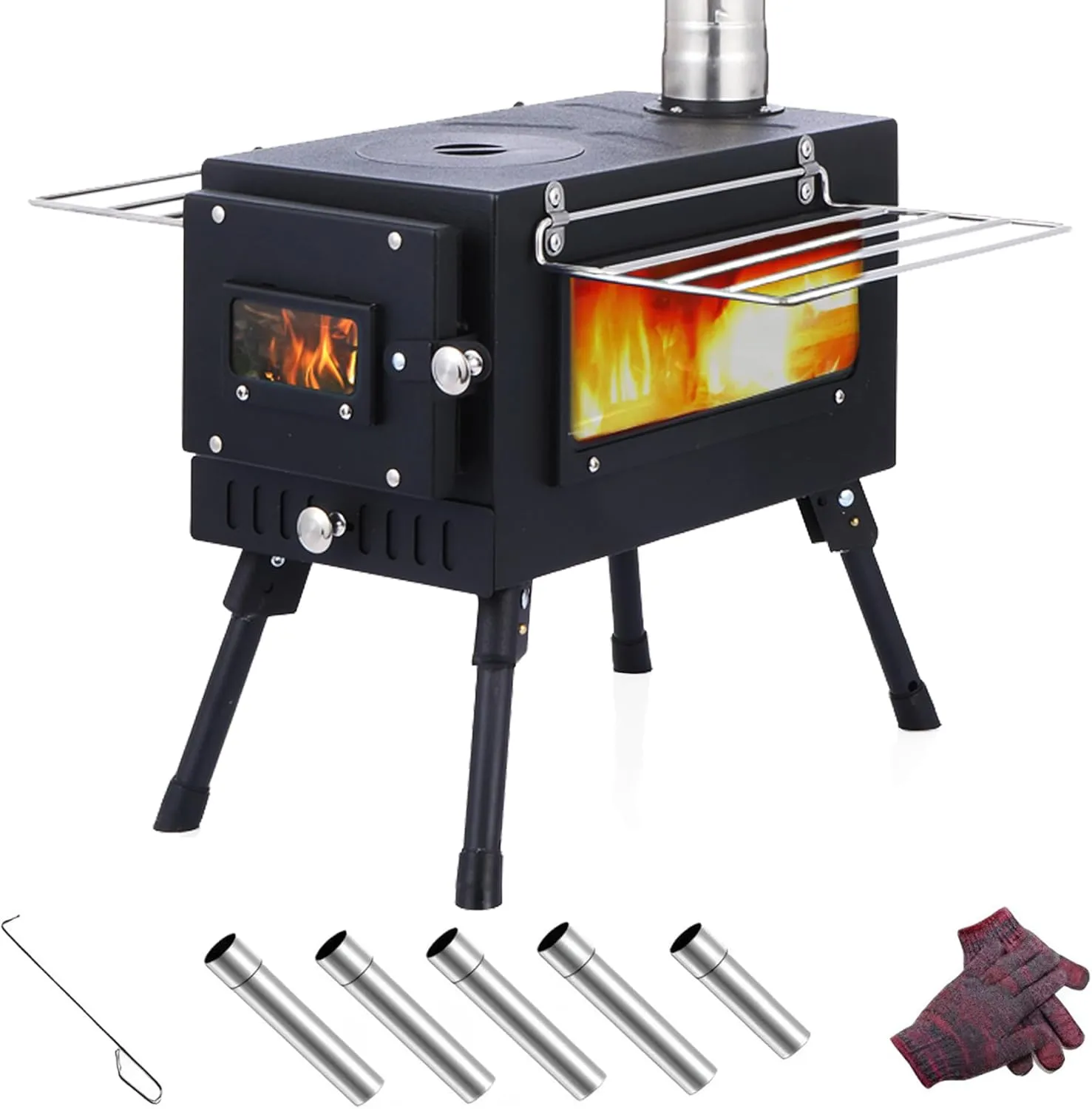 Wood Stove Hot Tent Stove, Camping Wood Stove Stainless Steel Camping Tent Stove, Portable Wood Burning Stove with Chimney Pipes & Gloves for Outdoor Cooking and Heating
