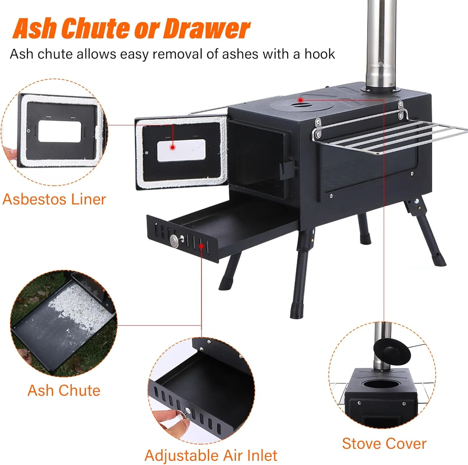 Wood Stove Hot Tent Stove, Camping Wood Stove Stainless Steel Camping Tent Stove, Portable Wood Burning Stove with Chimney Pipes & Gloves for Outdoor Cooking and Heating