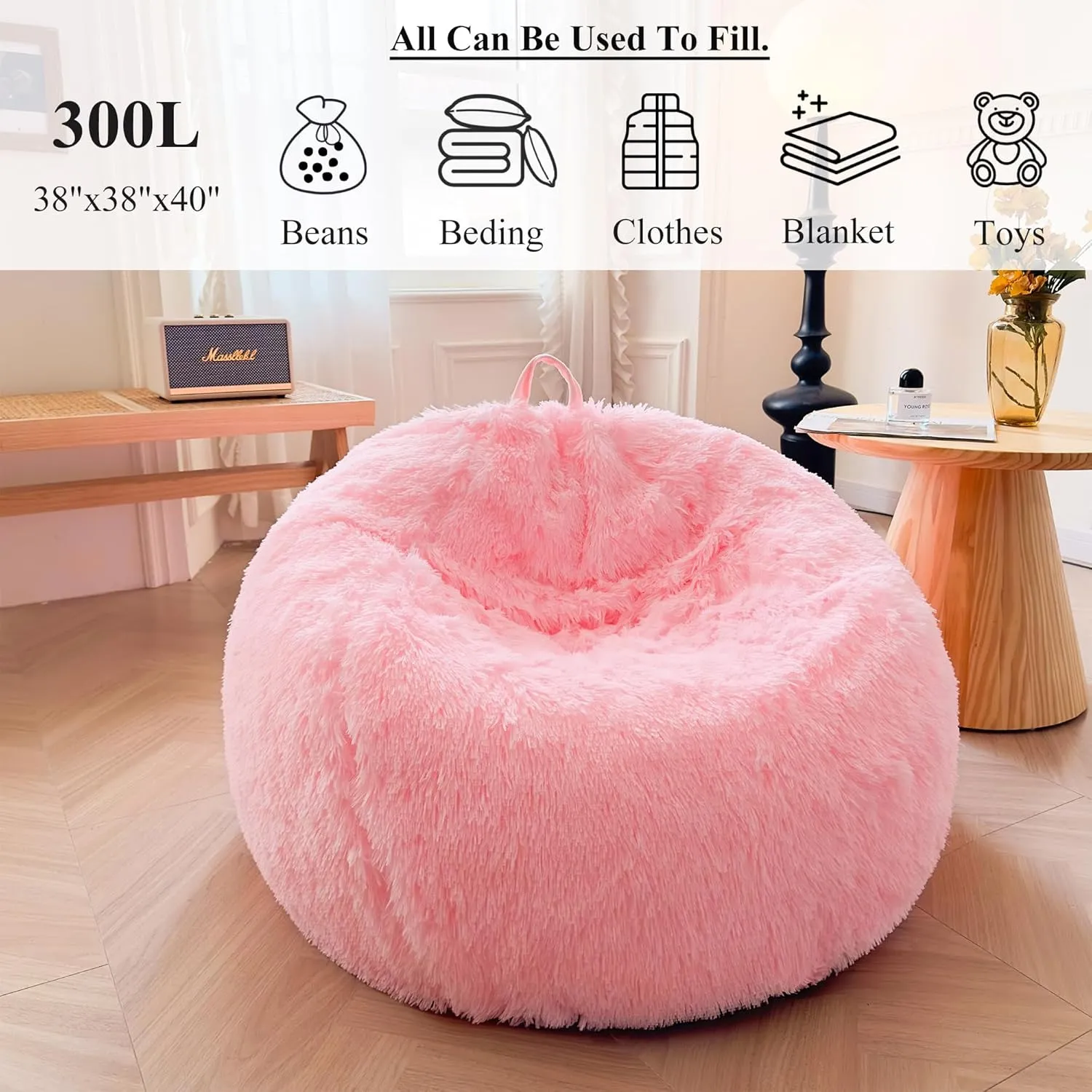 XeGe Faux Fur Comfy Bean Bag Cover for Living Room(No Filler), Fluffy Stuffed Animal Storage Bean Bag Chair Cover Home Decor, Furry Fuzzy Big Gaming Bean Bag Cover Adults Kids Girls, Anti-Slip, Pink