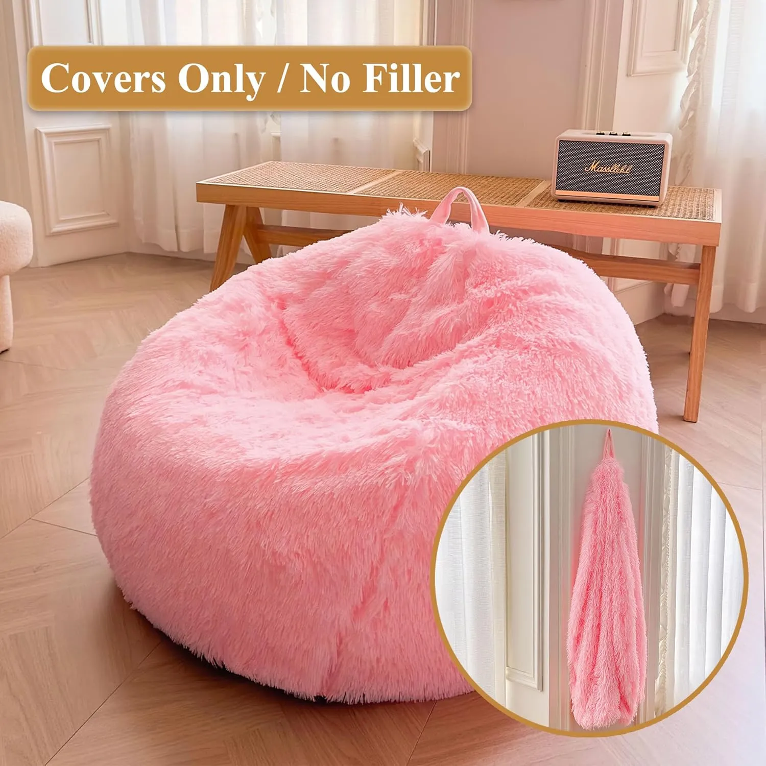 XeGe Faux Fur Comfy Bean Bag Cover for Living Room(No Filler), Fluffy Stuffed Animal Storage Bean Bag Chair Cover Home Decor, Furry Fuzzy Big Gaming Bean Bag Cover Adults Kids Girls, Anti-Slip, Pink