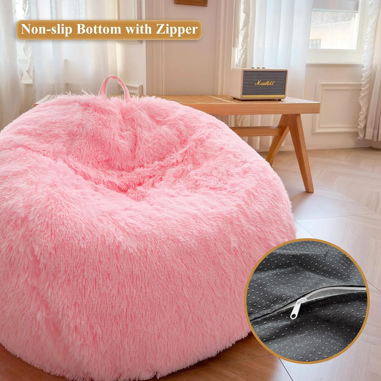 XeGe Faux Fur Comfy Bean Bag Cover for Living Room(No Filler), Fluffy Stuffed Animal Storage Bean Bag Chair Cover Home Decor, Furry Fuzzy Big Gaming Bean Bag Cover Adults Kids Girls, Anti-Slip, Pink