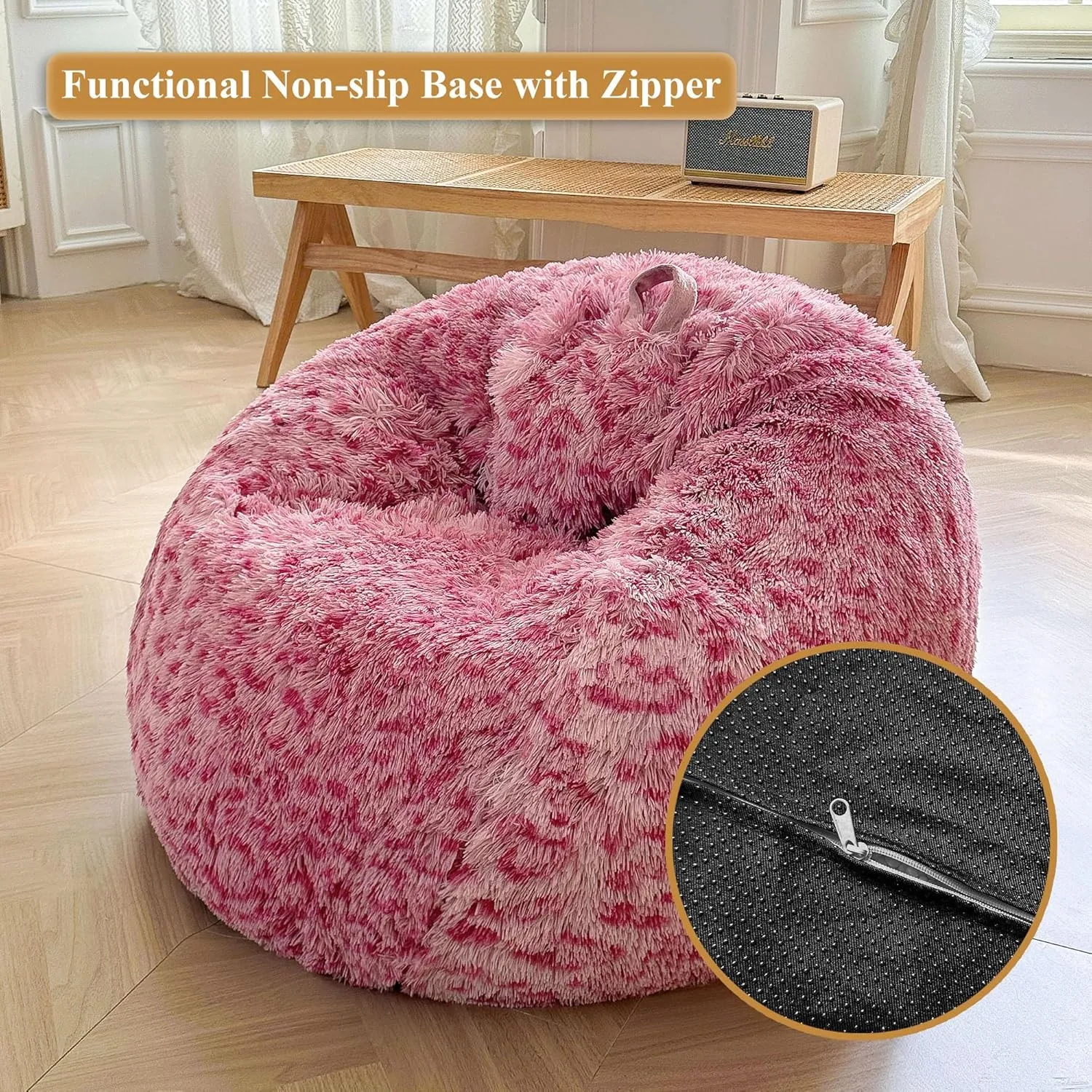 XeGe Faux Fur Leopard Print Bean Bag Chair Cover (No Filler), Pink Cheetah Print Fluffy Stuffed Animal Storage Bean Bag Home Decor, Furry Fuzzy Beanbag Cover for Adults Kids Girls, Anti-slip, Pink