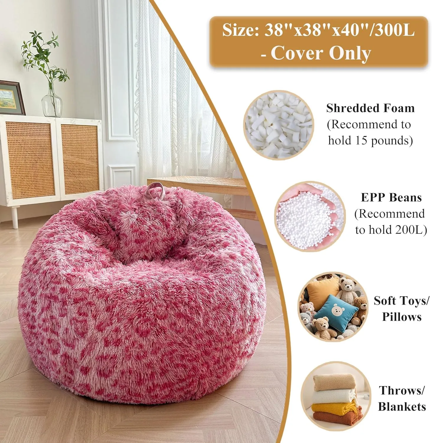 XeGe Faux Fur Leopard Print Bean Bag Chair Cover (No Filler), Pink Cheetah Print Fluffy Stuffed Animal Storage Bean Bag Home Decor, Furry Fuzzy Beanbag Cover for Adults Kids Girls, Anti-slip, Pink