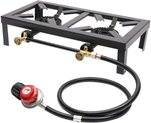 Xuthusman Portable Single Burner Outdoor Gas Stove Propane Cooker with Adjustable 0-20Psi Regulator Hose for Patio Camping, BBQ, Home Brewing, Turkey Fry, Maple Syrup Prep (Double Burner)