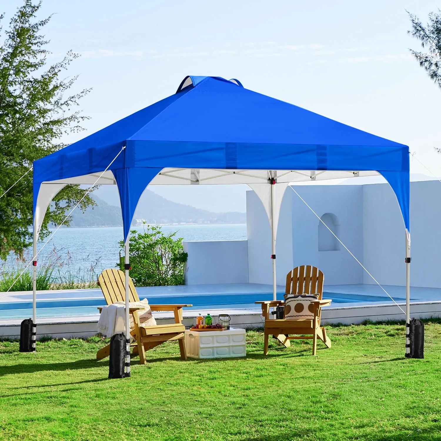 Yaheetech 10x10 Pop Up Canopy Tent with Vent, Easy Set Up Tent, Instant Sun Shelter Canopy with Wheeled Bag, 4 Sandbags, 12 Stakes & 4 Ropes, for Parties, Beach, Outdoor, Blue