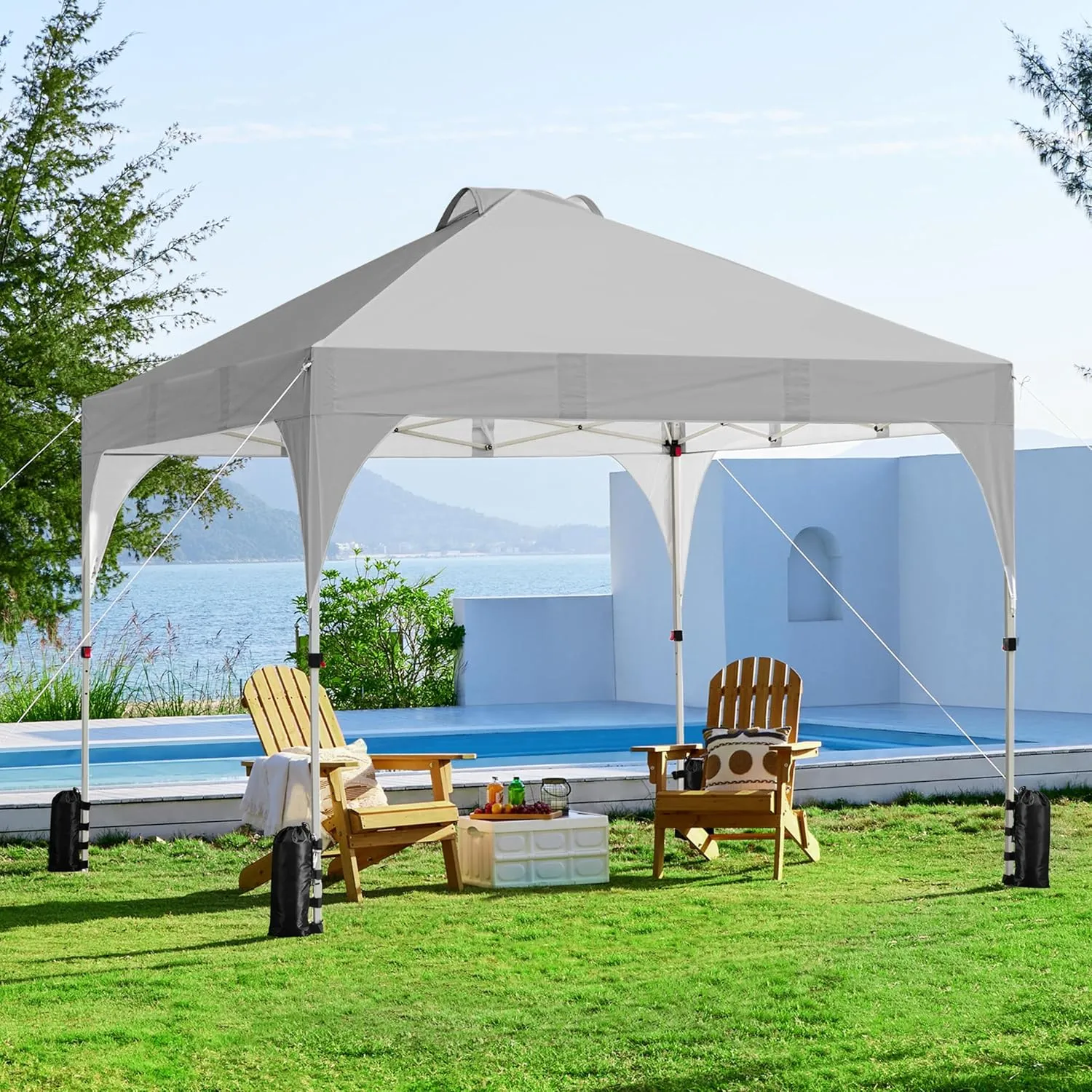 Yaheetech 10x10 Pop Up Canopy Tent with Vent, Easy Set Up Tent, Instant Sun Shelter Canopy with Wheeled Bag, 4 Sandbags, 12 Stakes & 4 Ropes, for Parties, Beach, Outdoor, Light Gray